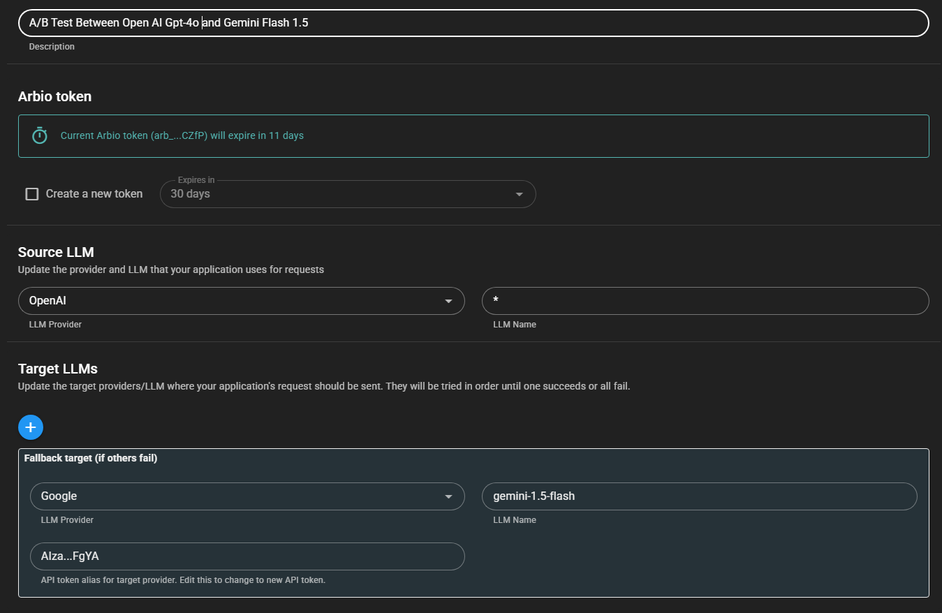 Screen shot of a/b test setup